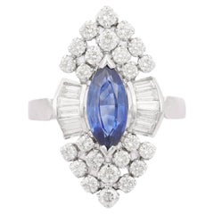 18K White Gold Blue Sapphire Diamond Marquise Gemstone Ring