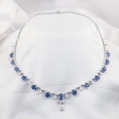 18K White Gold Necklace  15.79ct Natural Blue Sapphire & 5.23ct Diamond Fringe