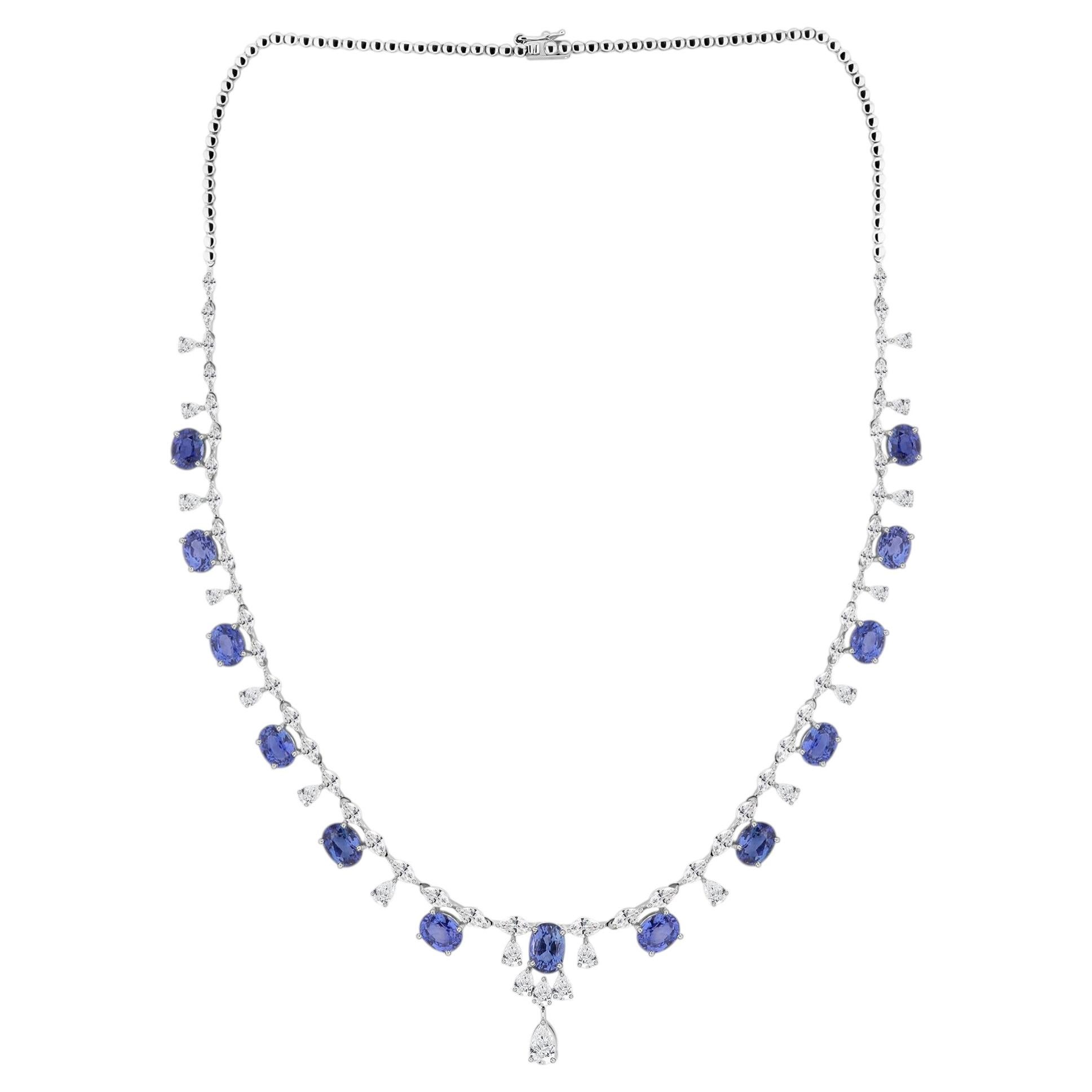 Collier en or blanc 18K Saphir bleu naturel de 15,79 ct et frange de diamants de 5,23 ct