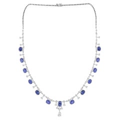 18K White Gold Necklace  15.79ct Natural Blue Sapphire & 5.23ct Diamond Fringe