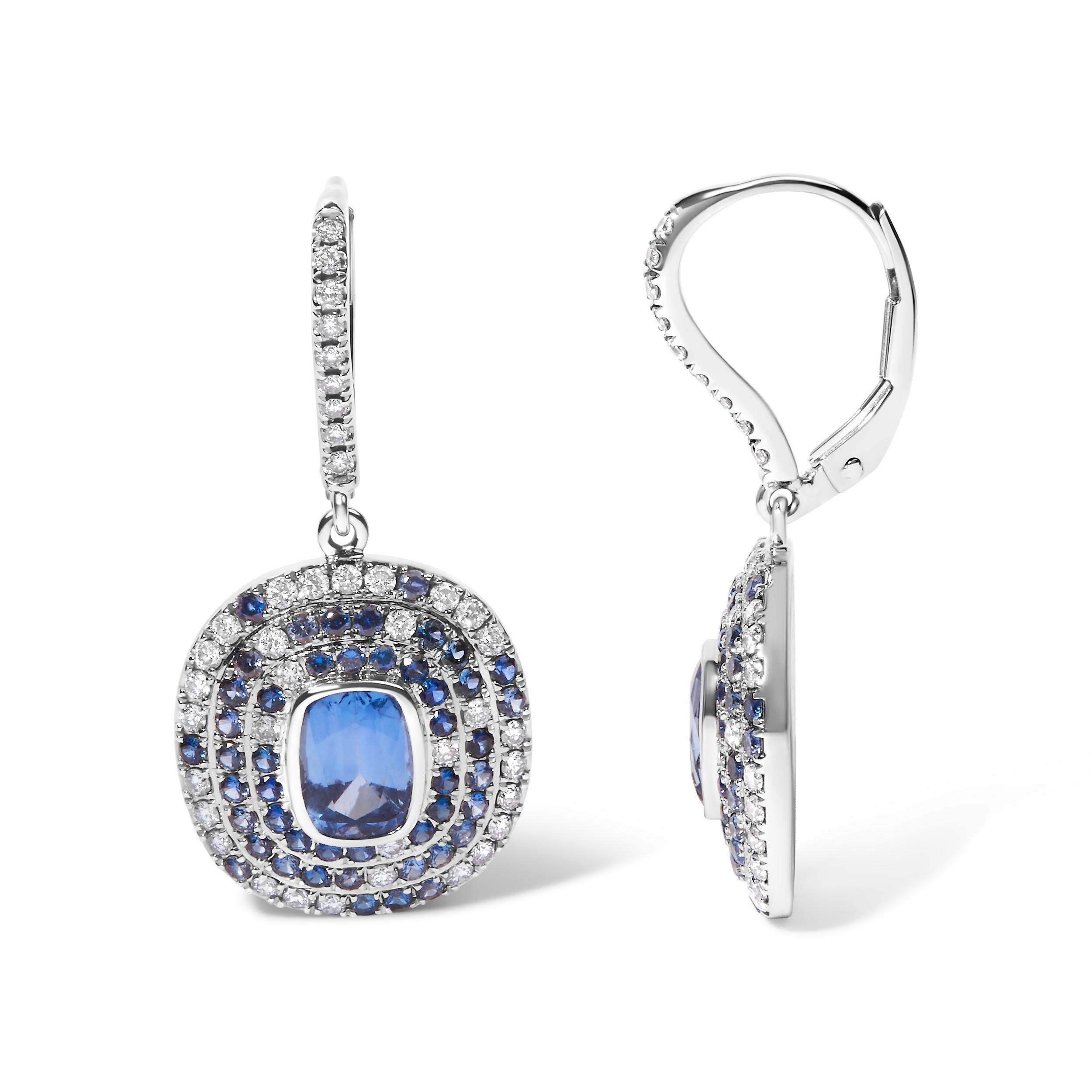 Modern 18K White Gold Blue Sapphire & Diamond Scattered Halo Drop and Dangle Earrings For Sale