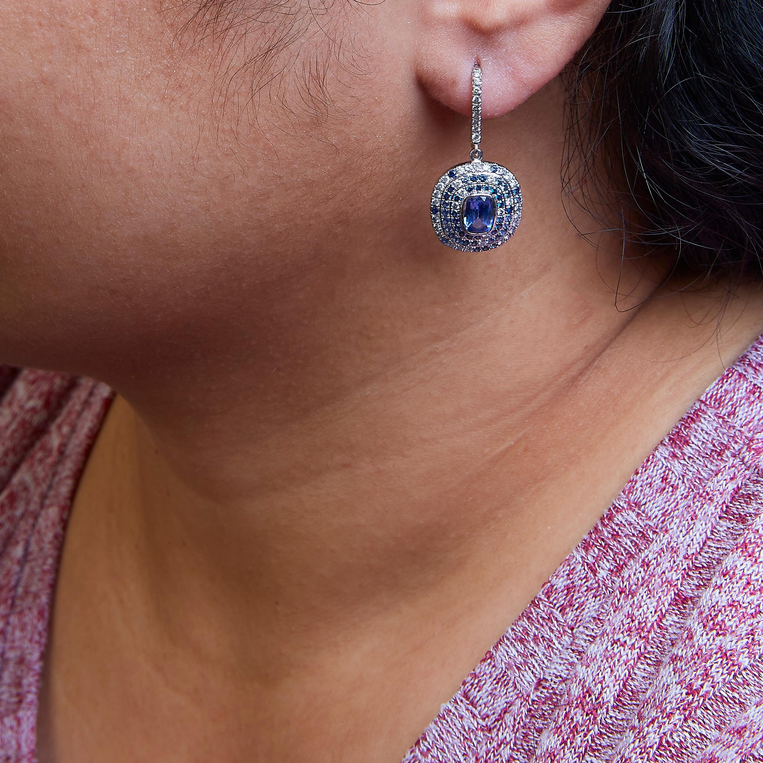 Cushion Cut 18K White Gold Blue Sapphire & Diamond Scattered Halo Drop and Dangle Earrings For Sale