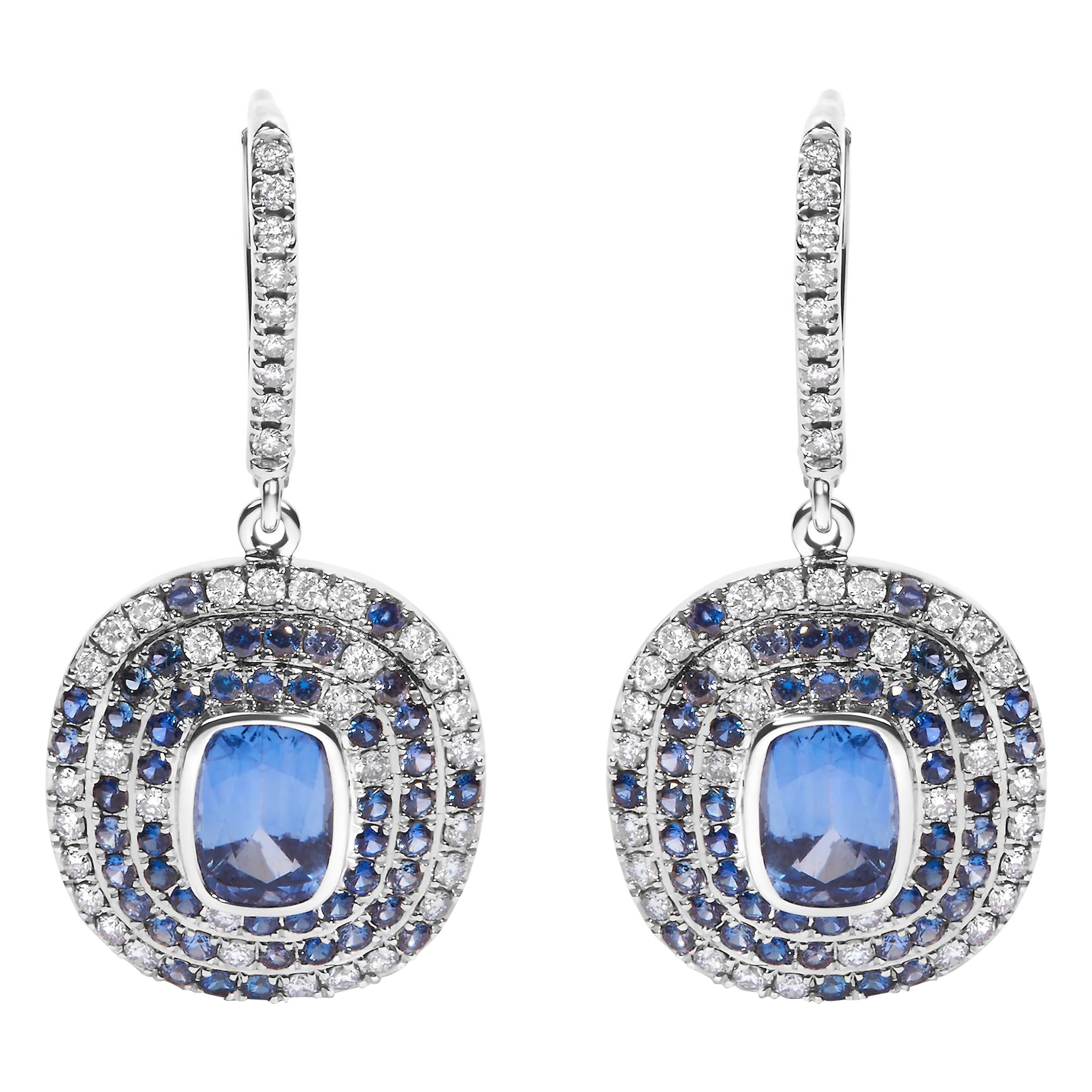 18 Karat Weißgold Blauer Saphir & Diamant Verstreute Halo-Tropfen- und Ohrhänger