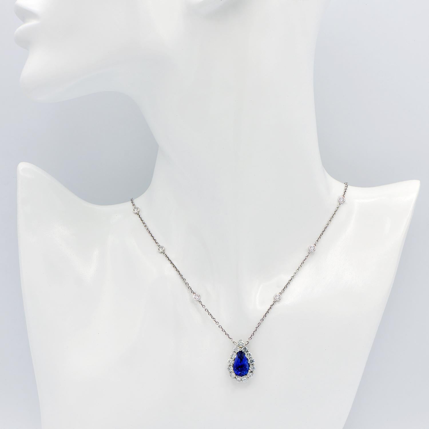 Contemporary 18K White Gold Blue Sapphire Drop with Diamond Halos Pendant Necklace
