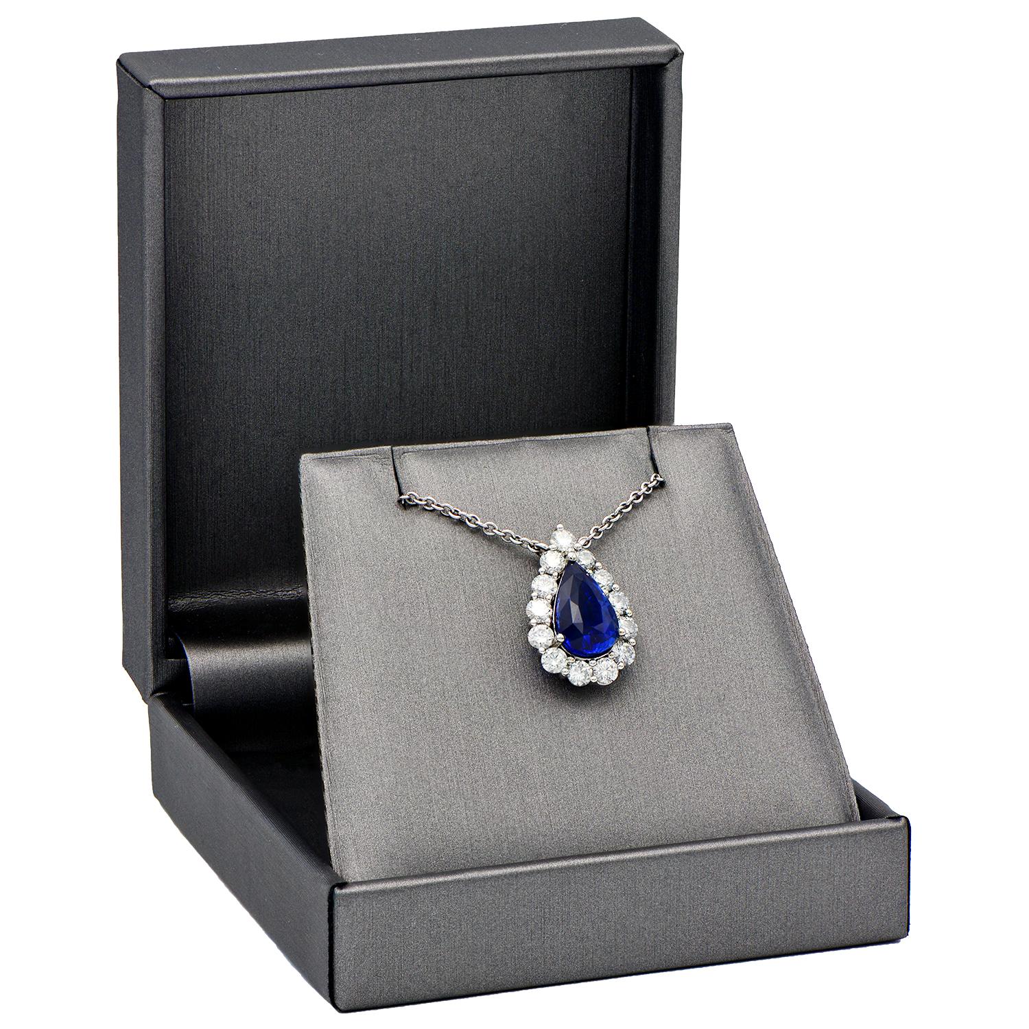 Pear Cut 18K White Gold Blue Sapphire Drop with Diamond Halos Pendant Necklace