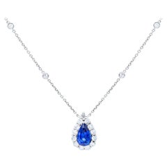 18K White Gold Blue Sapphire Drop with Diamond Halos Pendant Necklace