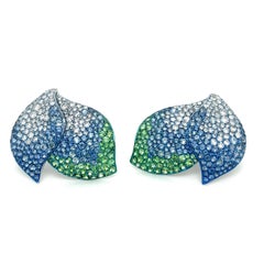 18K White Gold Blue Sapphire & Green Garnet Earrings with Diamonds