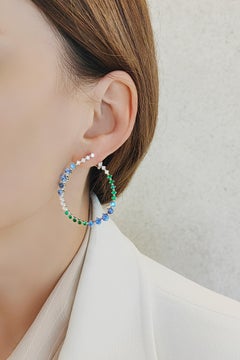 18K White Gold Blue Sapphire & Green Garnet Diamond Hoop Earrings