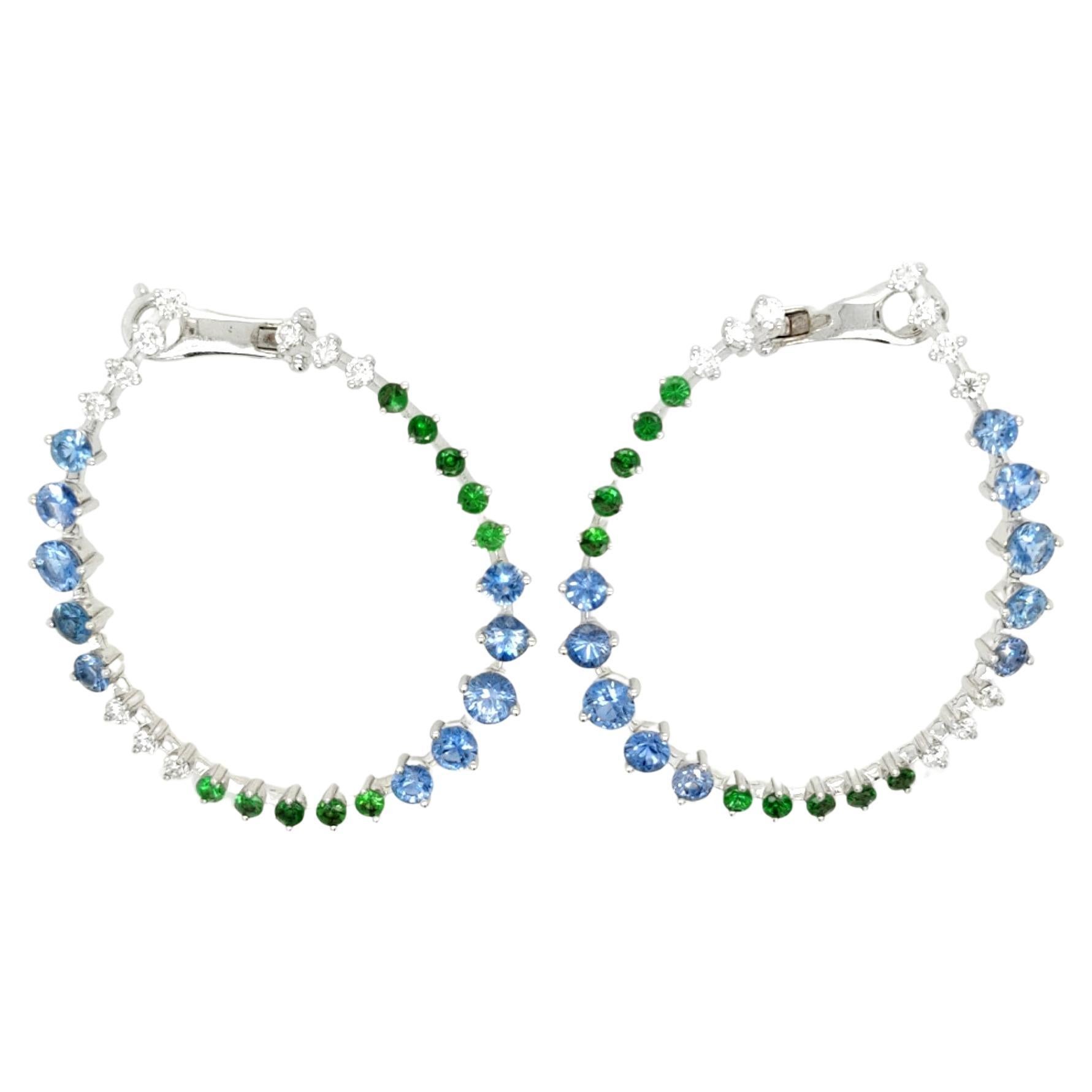 18K White Gold Blue Sapphire & Green Garnet Diamond Hoop Earrings For Sale
