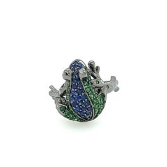 18K White Gold Blue Sapphire & Green Garnet Frog Ring with Diamonds
