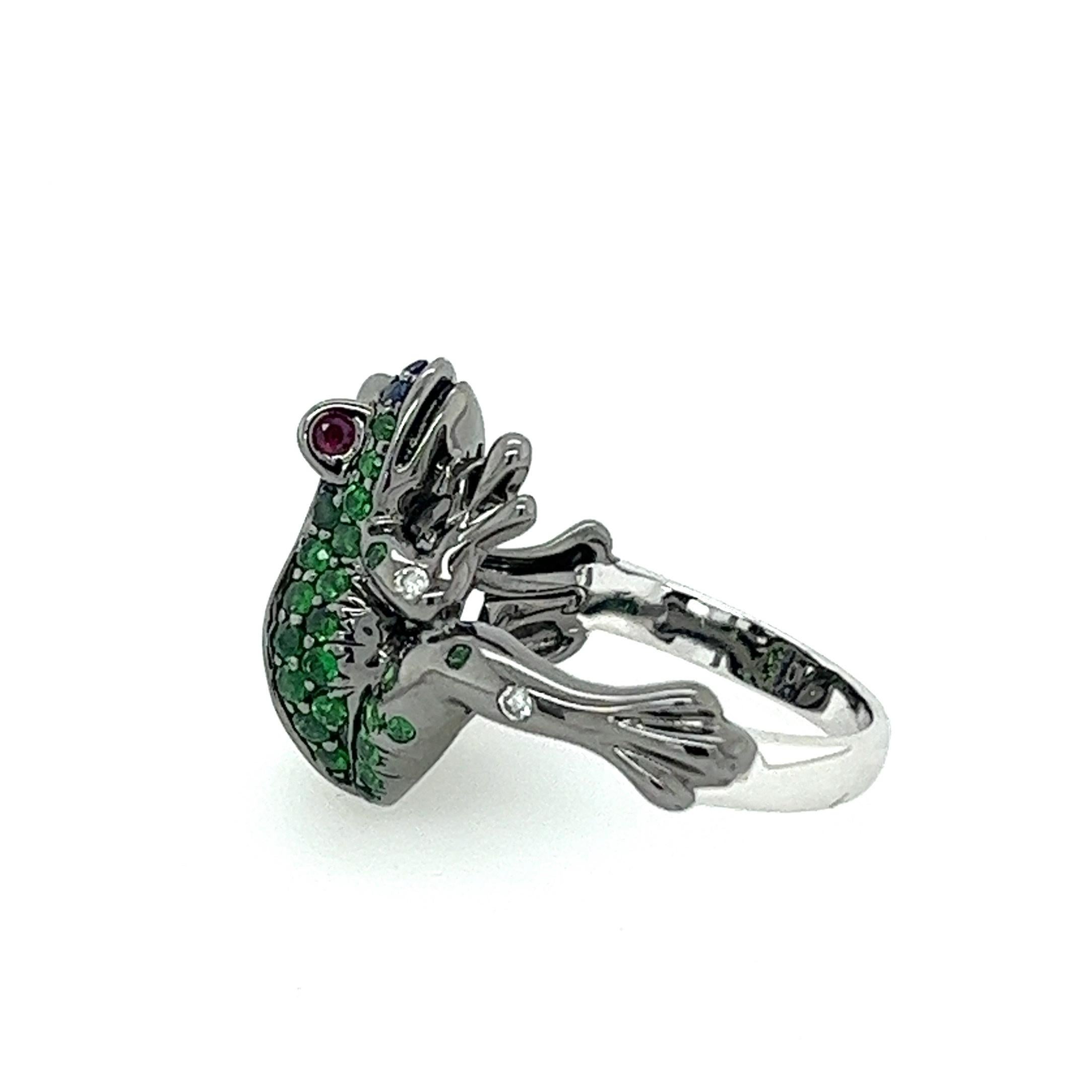 Women's or Men's 18K White Gold Blue Sapphire & Green Garnet Frog Ring with Diamonds For Sale
