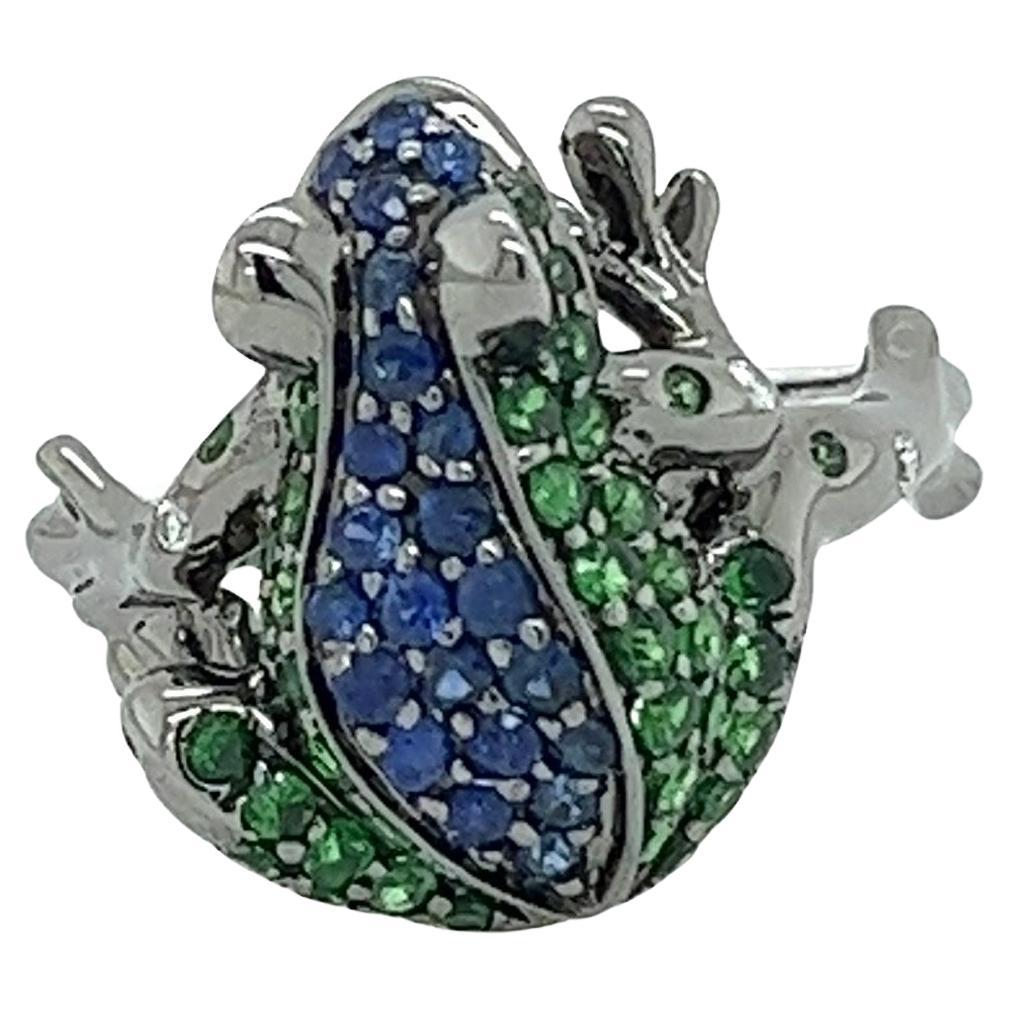 18K White Gold Blue Sapphire & Green Garnet Frog Ring with Diamonds For Sale