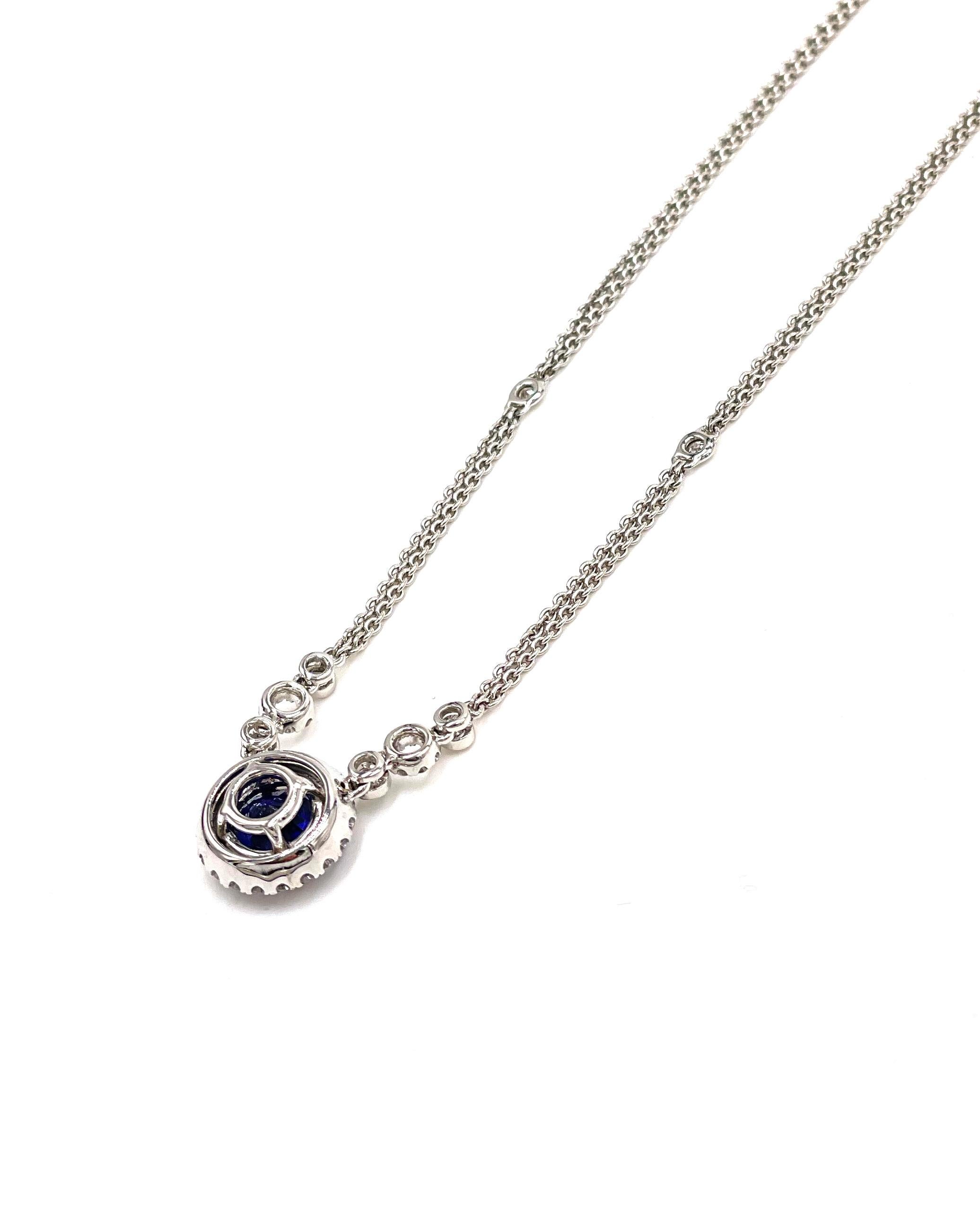 Women's 18K White Gold Blue Sapphire Halo Necklace For Sale