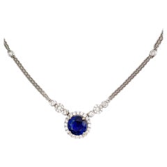 18K White Gold Blue Sapphire Halo Necklace