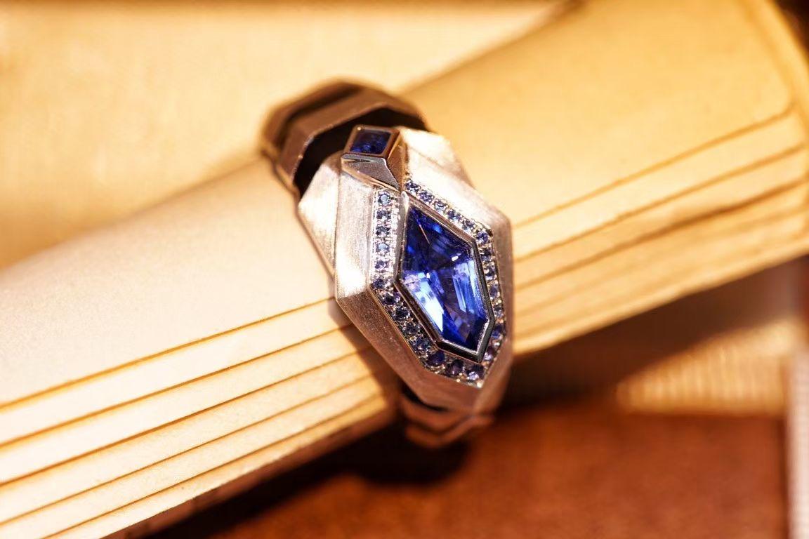 18K White Gold Blue Sapphire & Onyx Snake Year Ring In New Condition For Sale In Kowloon, HK