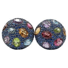18K White Gold Blue Sapphire Pavé Dome Earrings with Multicolor Gemstones, Omega