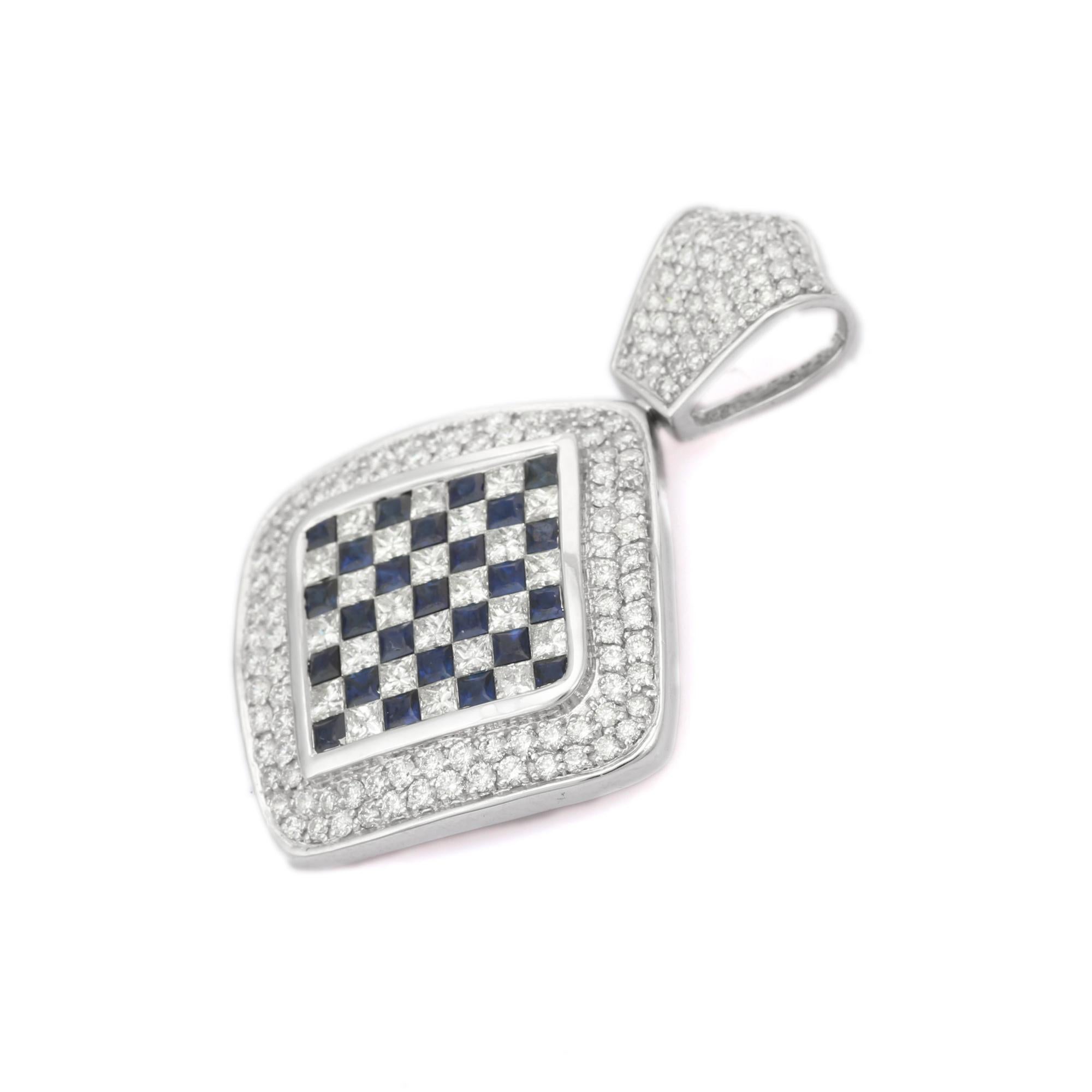 Sapphire Diamond Checkerboard Pendant in 18K Gold studded in cushion shape. This stunning piece of jewelry instantly elevates a casual look or dressy outfit. 
Sapphire stimulate concentration and reduces stress.
Designed with square cut sapphire and