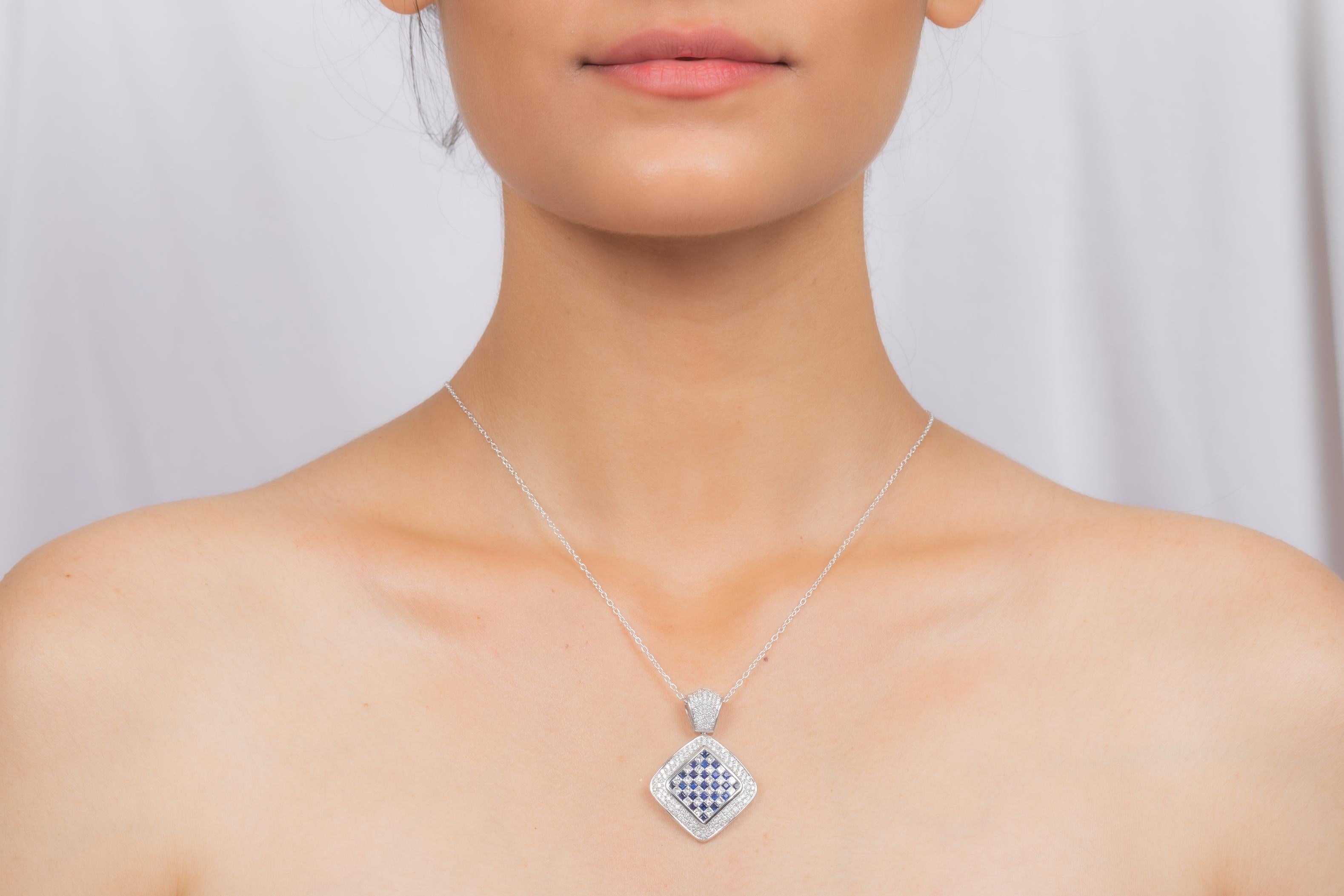 Moderne Pendentif damier saphir diamant en or blanc massif 18kt en vente