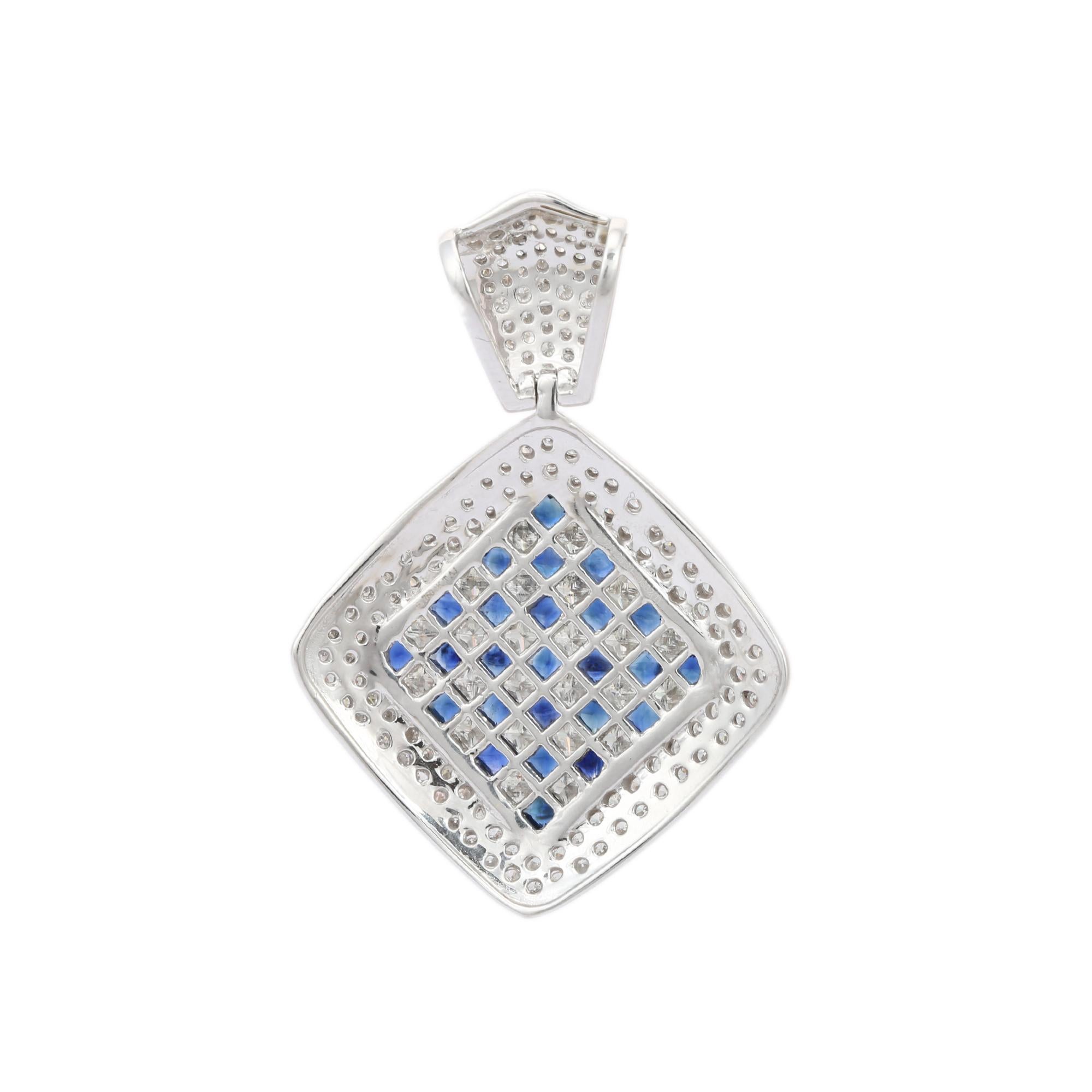 18kt Solid White Gold Sapphire Diamond Checkerboard Pendant In New Condition For Sale In Houston, TX