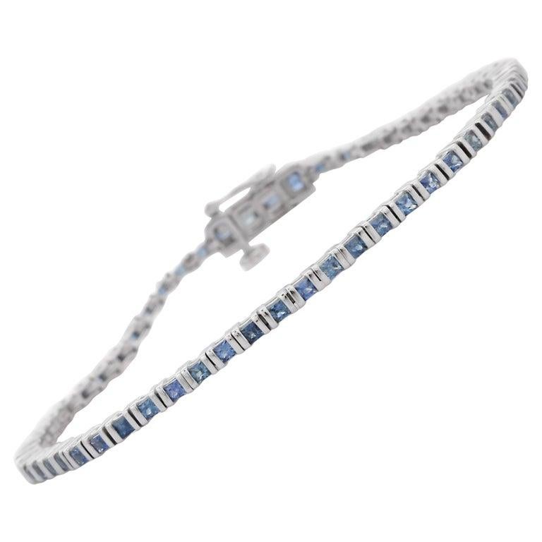 Women's Natural Blue Sapphire Tennis Bracelet for Everyday Wear Made in 18K White Gold For Sale