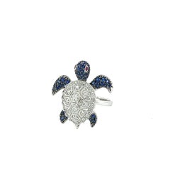 18K White Gold Blue Sapphire Turtle Ring with Diamonds