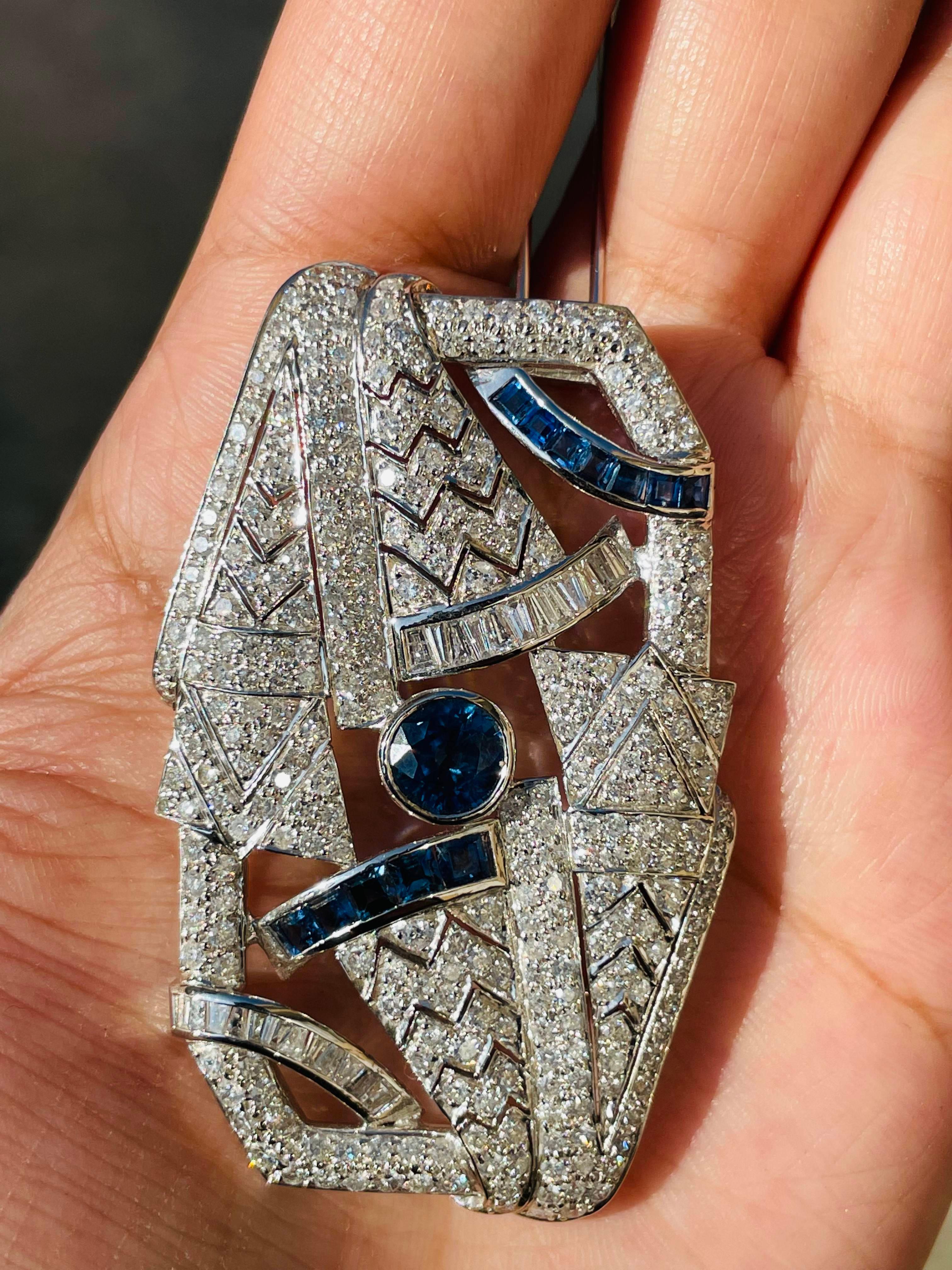  Art Deco 5.96 CTW Diamond and 3.9 CTW Sapphire Brooch 18k Solid White Gold In New Condition For Sale In Houston, TX