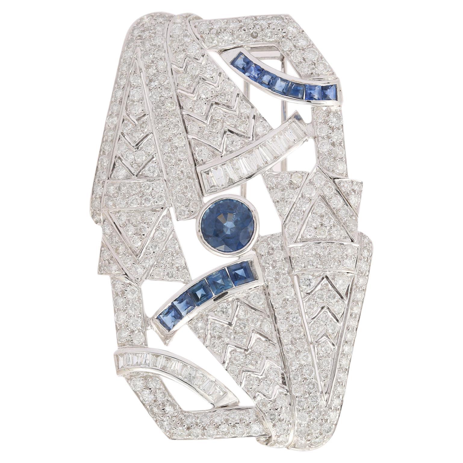  Art Deco 5.96 CTW Diamond and 3.9 CTW Sapphire Brooch 18k Solid White Gold For Sale