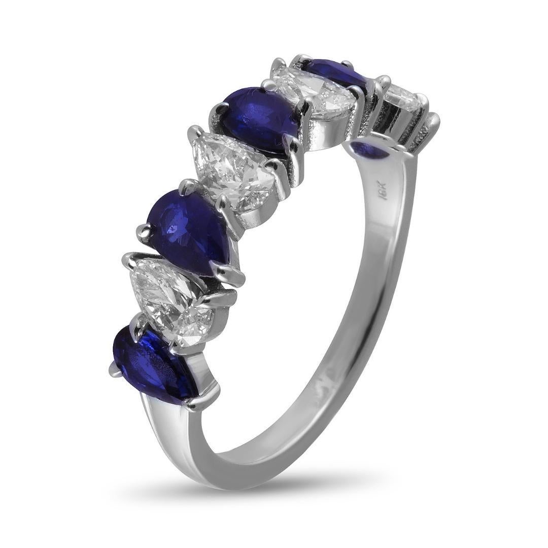 When considering different types of ring designs with colorful accents, there are a few that stand out; one of the most beautiful combinations is sapphires paired with diamonds. This exquisite and modern two tone gemstone ring showcases five 1.02