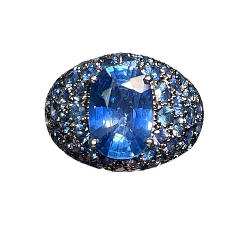 Modern 18K White Gold Blue Sapphires Dome Cocktail Ring For Sale