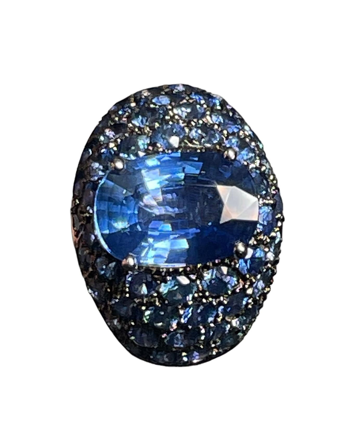 Women's 18K White Gold Blue Sapphires Dome Cocktail Ring For Sale