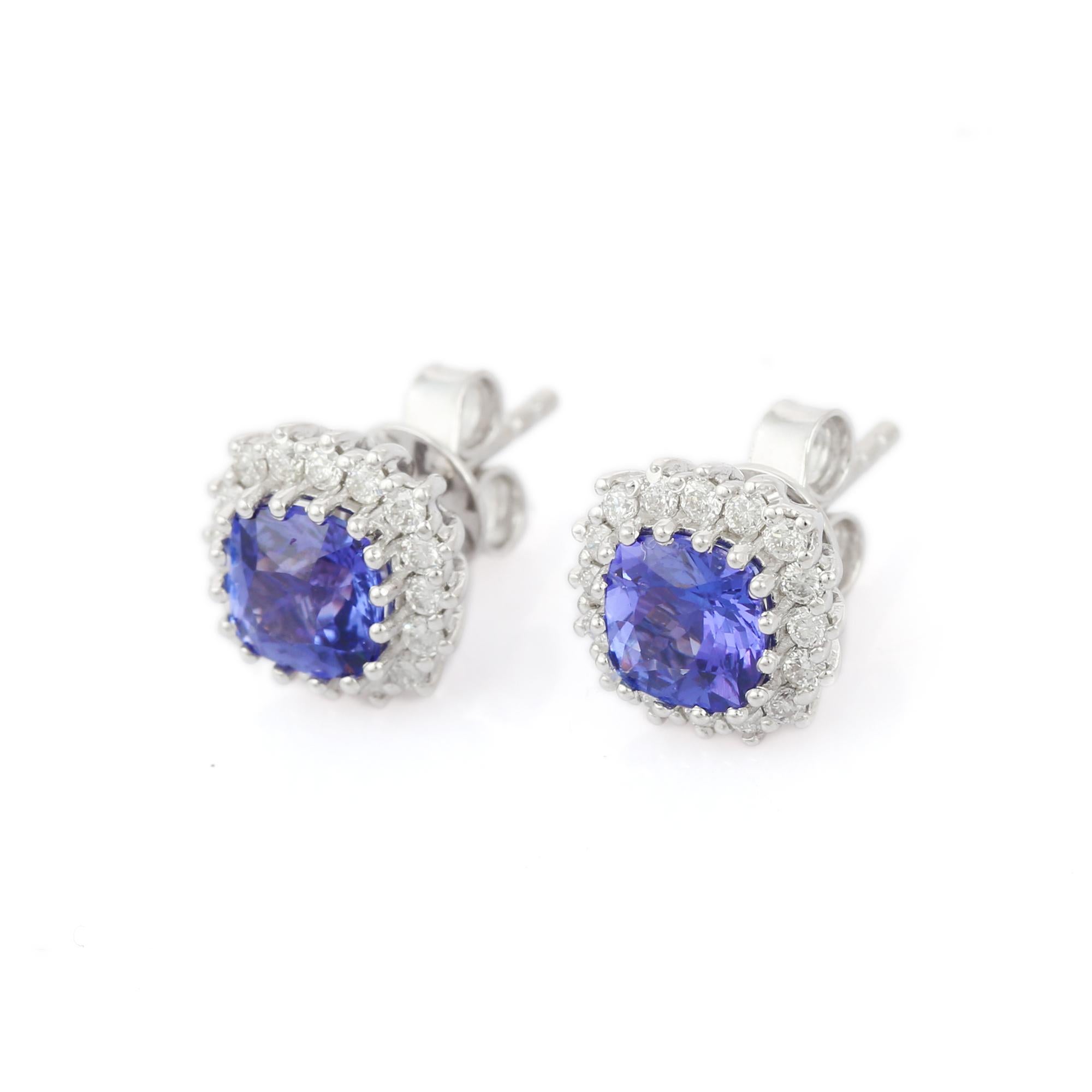 Modern 18K White Gold Blue Tanzanite and Diamond Stud Earrings For Sale