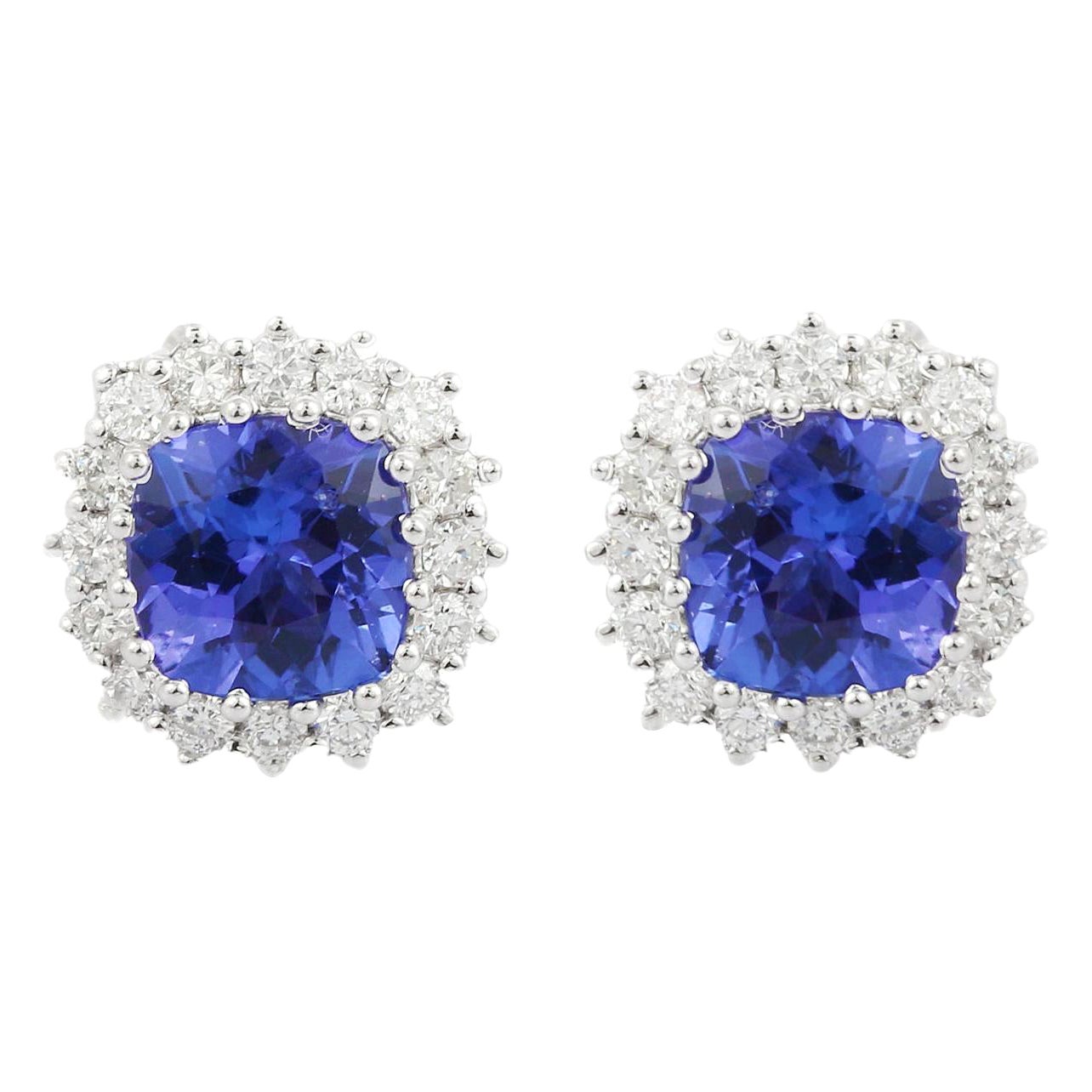 18 Karat Weißgold Ohrstecker mit blauem Tansanit und Diamant