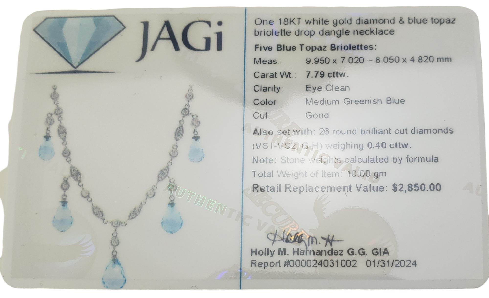 18K White Gold Blue Topaz and Diamond Necklace  #16721 For Sale 3