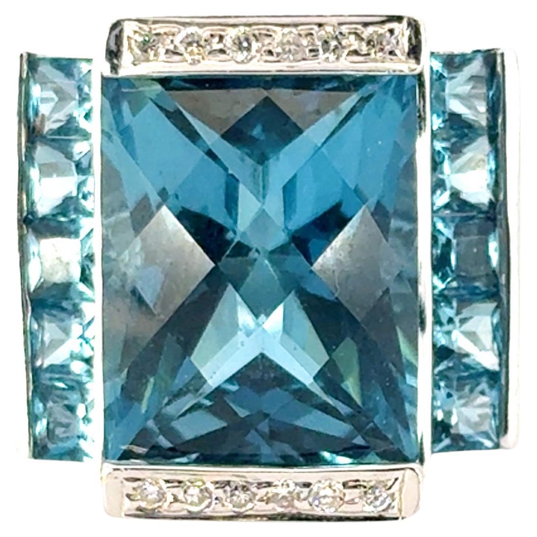 18k White Gold Blue Topaz and Diamond Ring