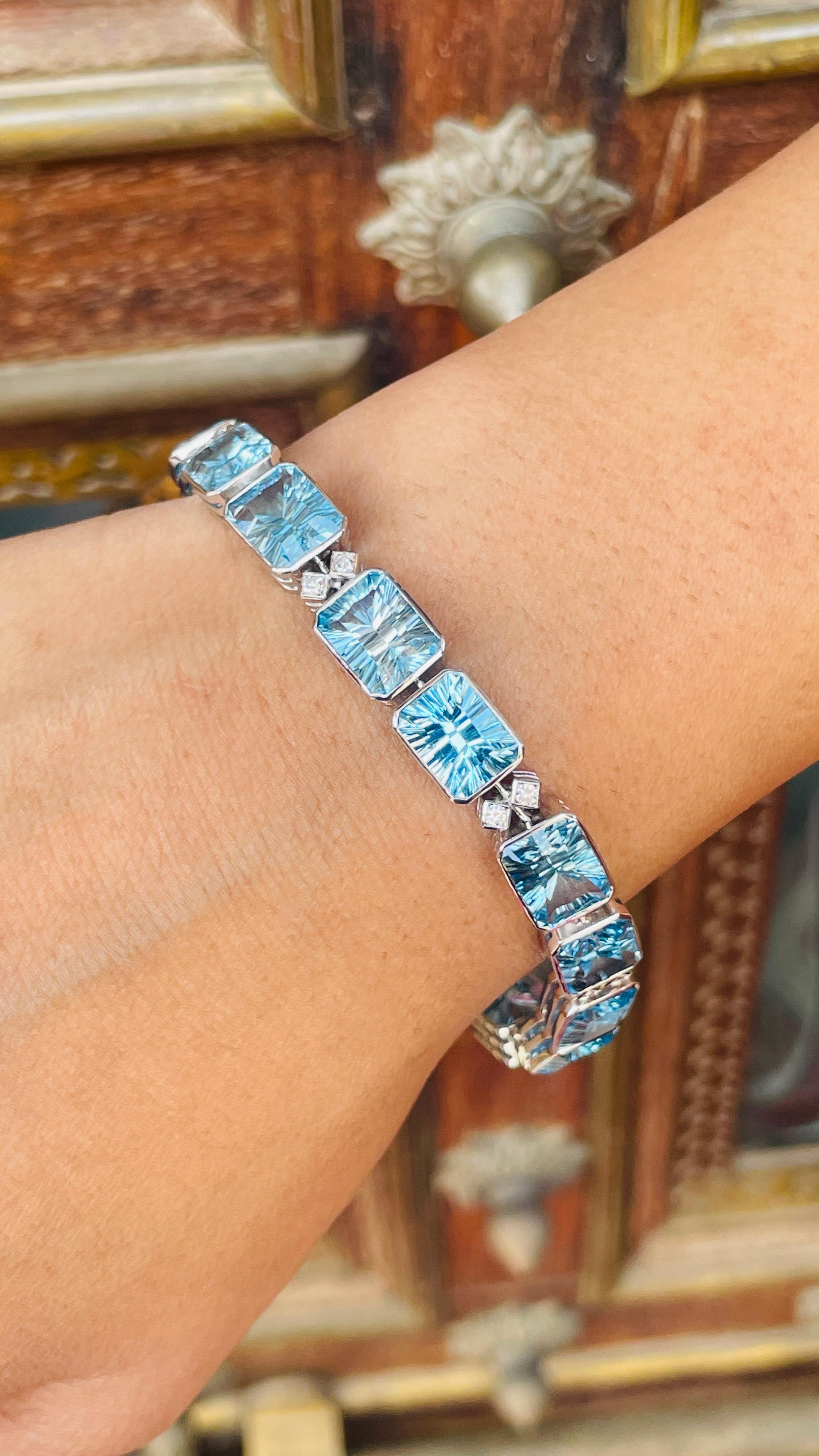 Bracelet tennis en or blanc 18 carats, diamants et topaze bleue taille fine de 40 carats en vente 2