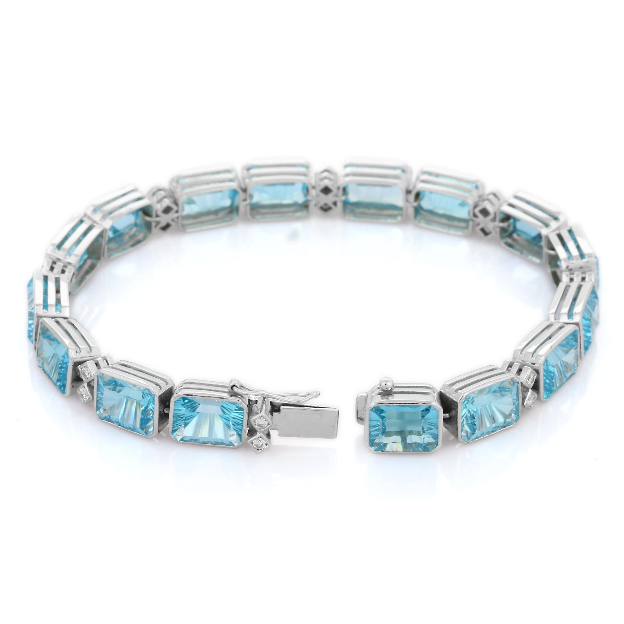 Bracelet tennis en or blanc 18 carats, diamants et topaze bleue taille fine de 40 carats Neuf - En vente à Houston, TX