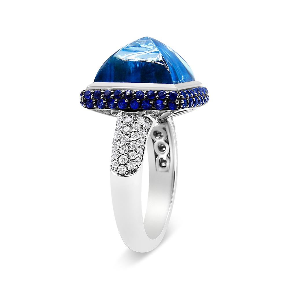 Round Cut 18K White Gold Blue Topaz Cocktail Ring with Blue Sapphire Halo Diamond Shank