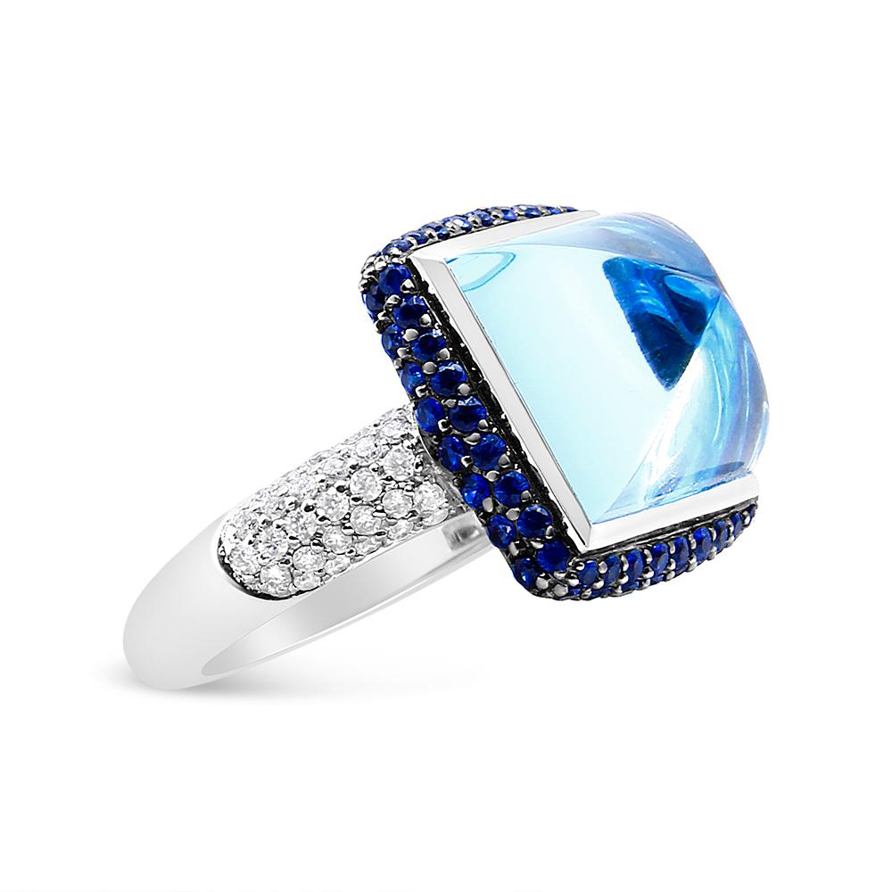18K White Gold Blue Topaz Cocktail Ring with Blue Sapphire Halo Diamond Shank In New Condition In New York, NY