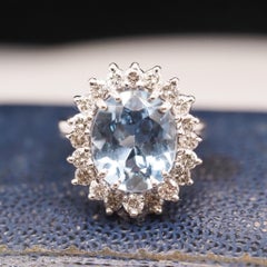 18K White Gold Blue Topaz Diamond Halo Cocktail Ring
