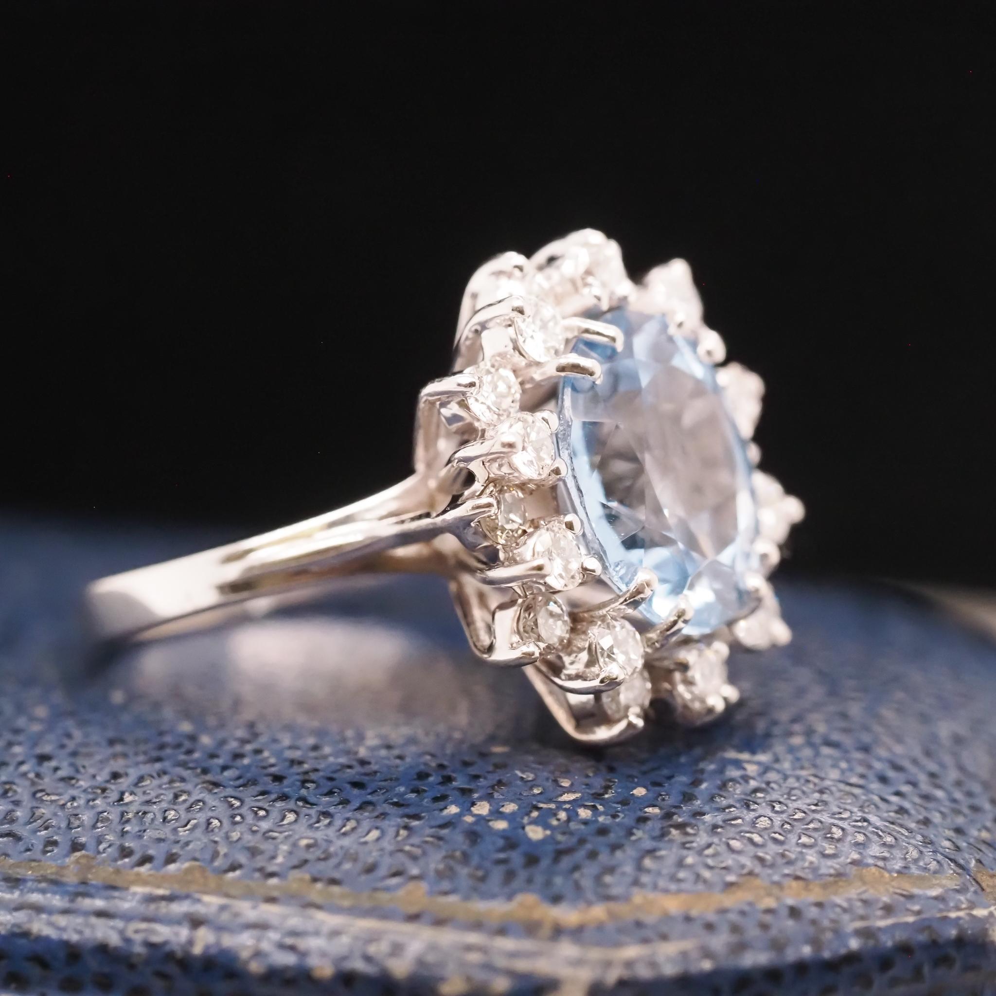 Women's 18K White Gold Blue Topaz Diamond Halo Cocktail Ring For Sale