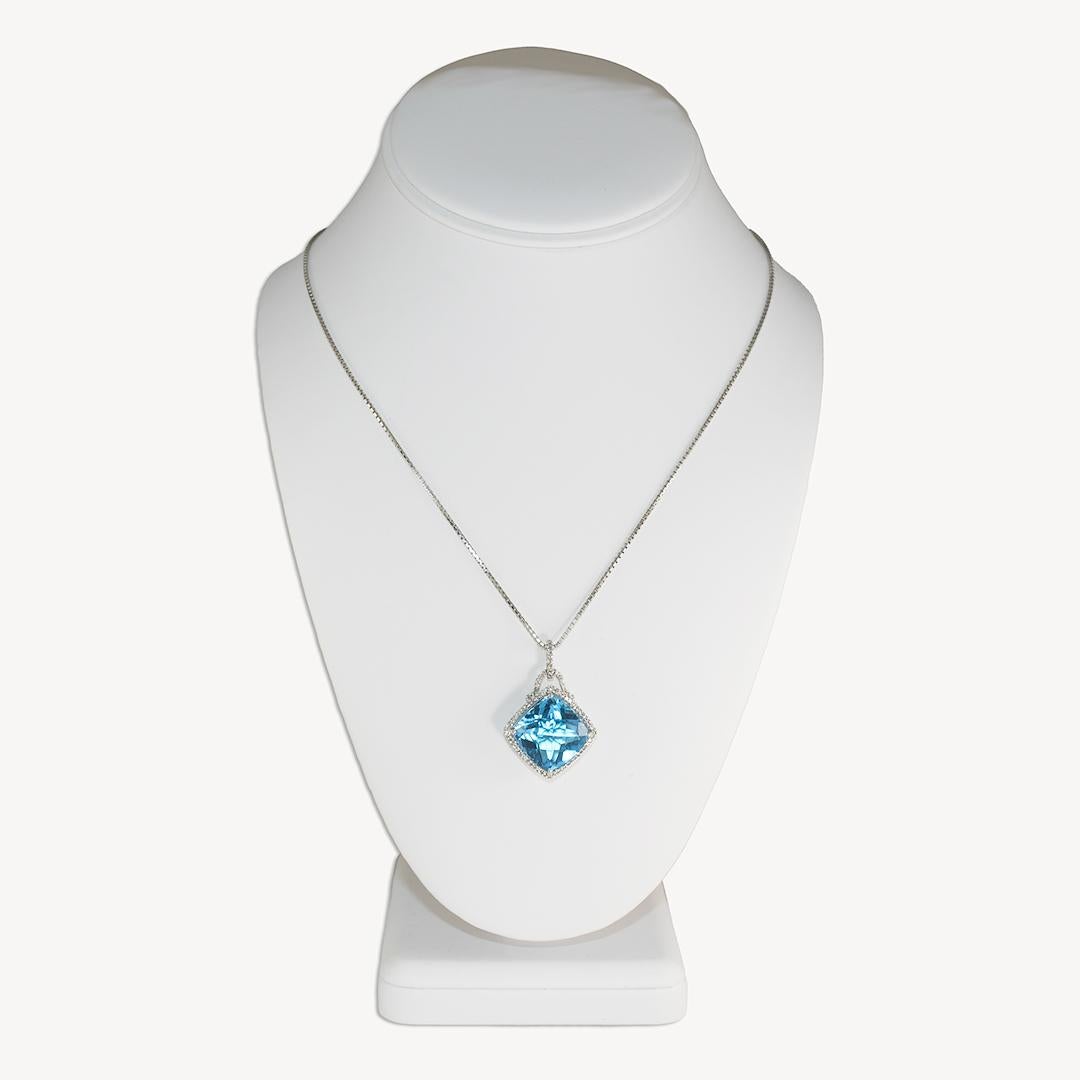 18K White Gold Blue Topaz & Diamond Pendant Necklace and Earrings Set For Sale 2