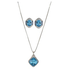 18K White Gold Blue Topaz & Diamond Pendant Necklace and Earrings Set