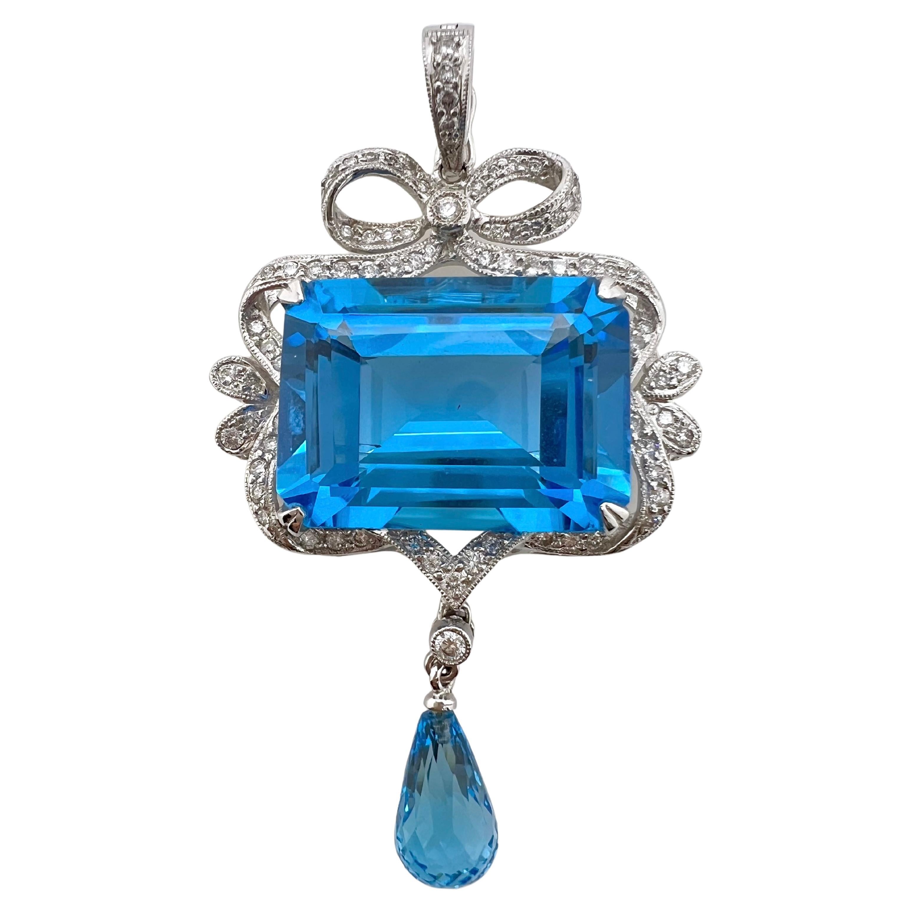 18k White Gold Blue Topaz Pendant with Diamonds For Sale