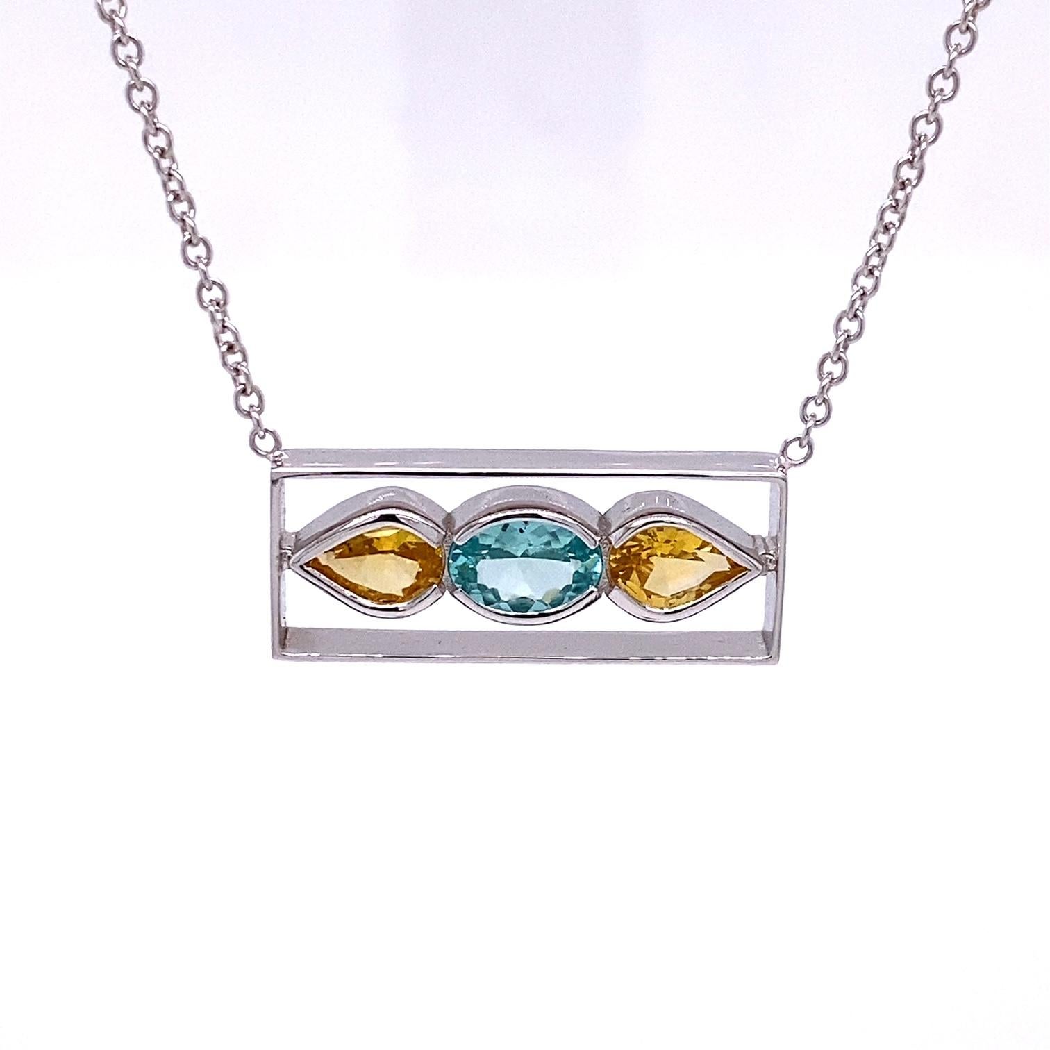 Contemporary 18k White Gold Blue Tourmaline and Yellow Sapphire Bar Necklace For Sale