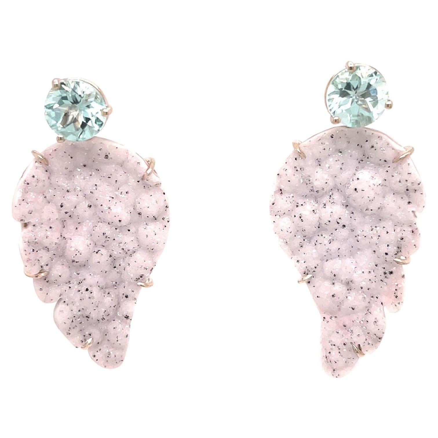 18k White Gold Blue Tourmaline Studs with White Druzy Wing Jackets For Sale