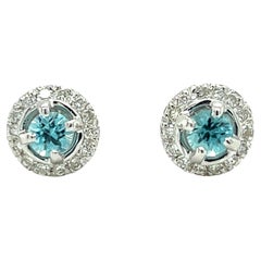 18k White Gold Blue Zircon and Diamond Halo Earrings