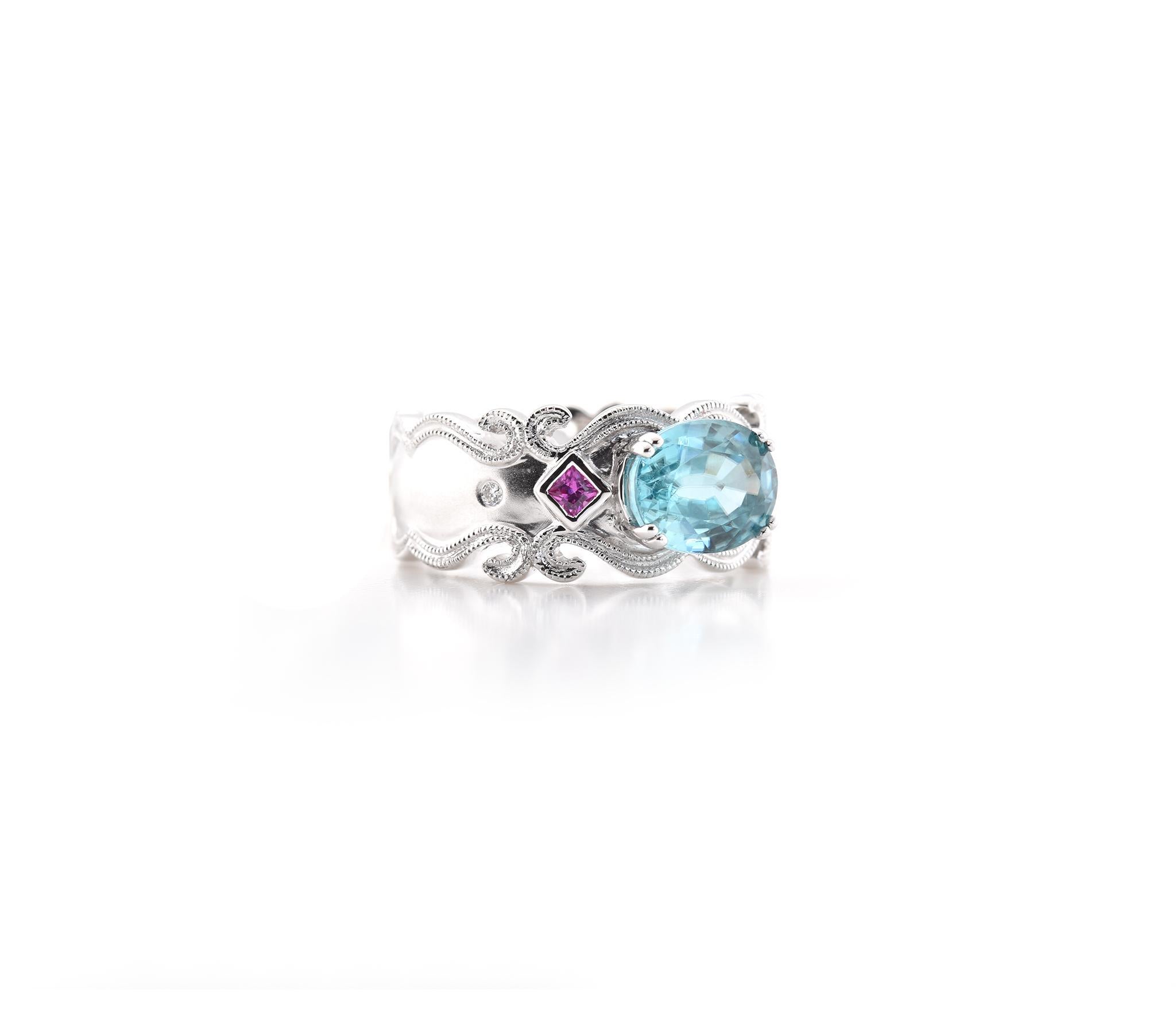 18 Karat White Gold Blue Zircon, Pink Sapphire, and Diamond Ring In Excellent Condition In Scottsdale, AZ