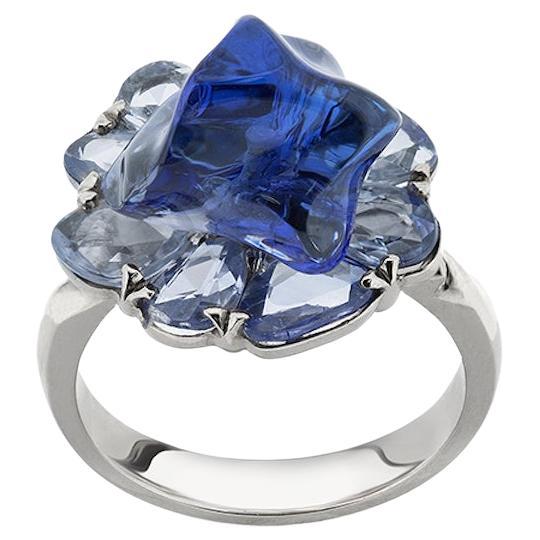 18K White Gold Bonbon Blue Ring with Uncut Tanzanite and Uncut Blue Sapphires For Sale