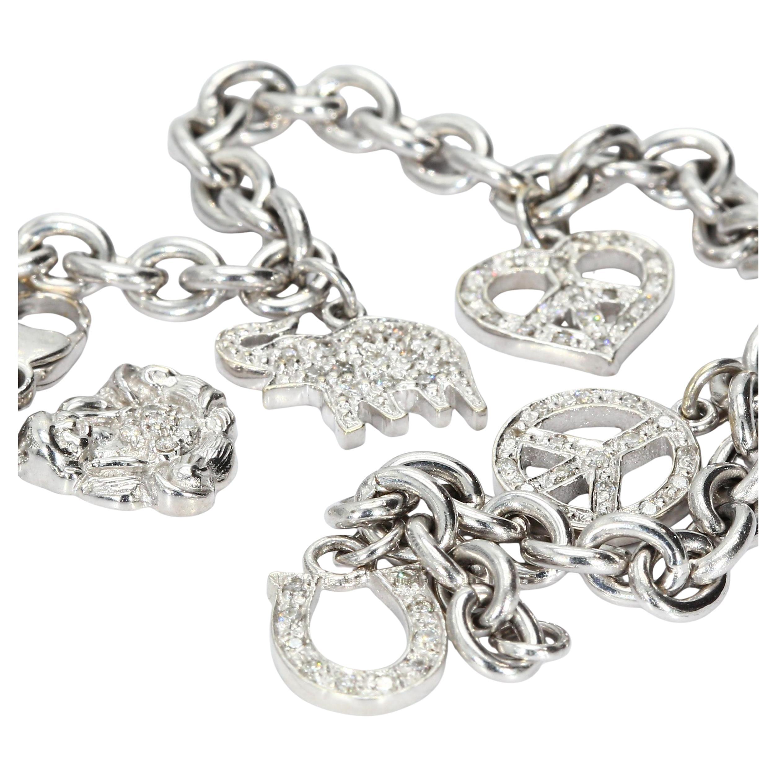 18k White Gold Bracelet with Diamond Charms: Elephant Heart Peace For Sale