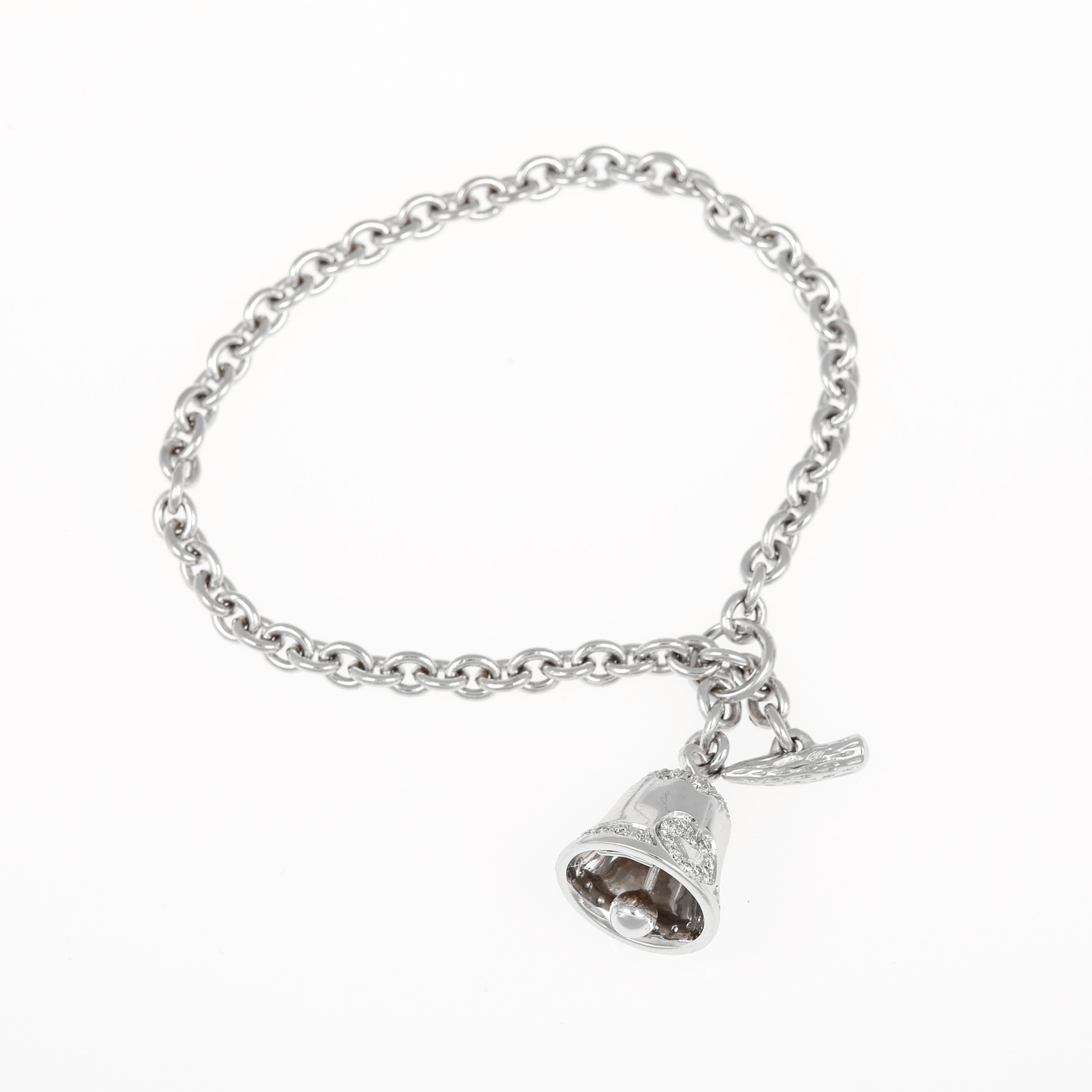Brilliant Cut 18K White Gold Bracelet with Diamond Pavé Bell Charm For Sale